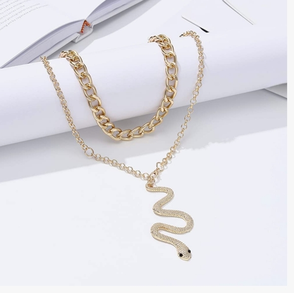 Gold Chunky Cuban Link Double Layer Snake Charm Pendant Necklace NWT - Picture 3 of 4